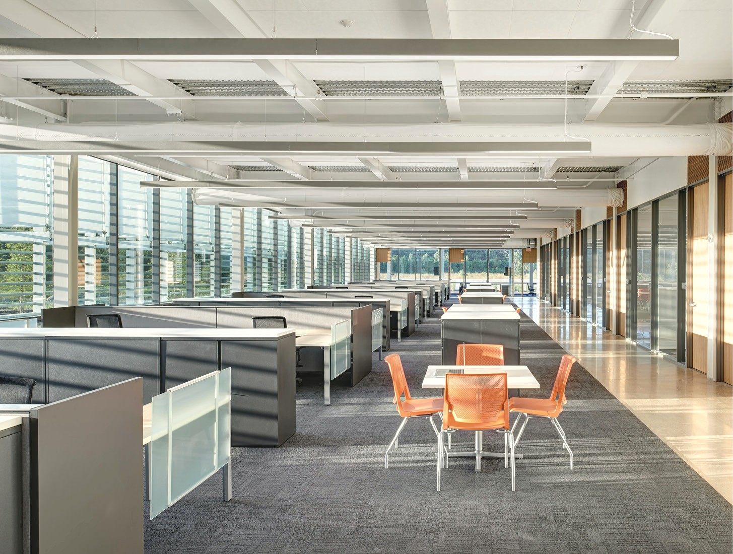 Un bureau lumineux à aire ouverte, avec des rangées de postes de travail, une table aux chaises orange et des fenêtres du sol au plafond