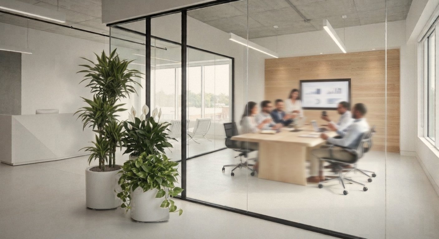 A team meeting around a wood table in a glass-walled meeting room, with potted plants in the bright open office outside