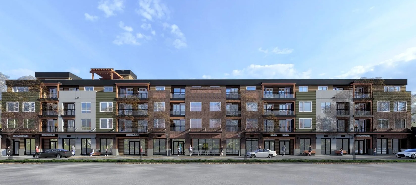 Rendu architectural de la résidence pour retraités de quatre étages de Vendure, avec façades de brique et de bois et commerces au rez-de-chaussée